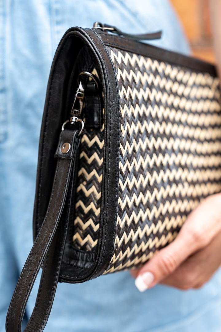 Rattan & Leather Black Clutch