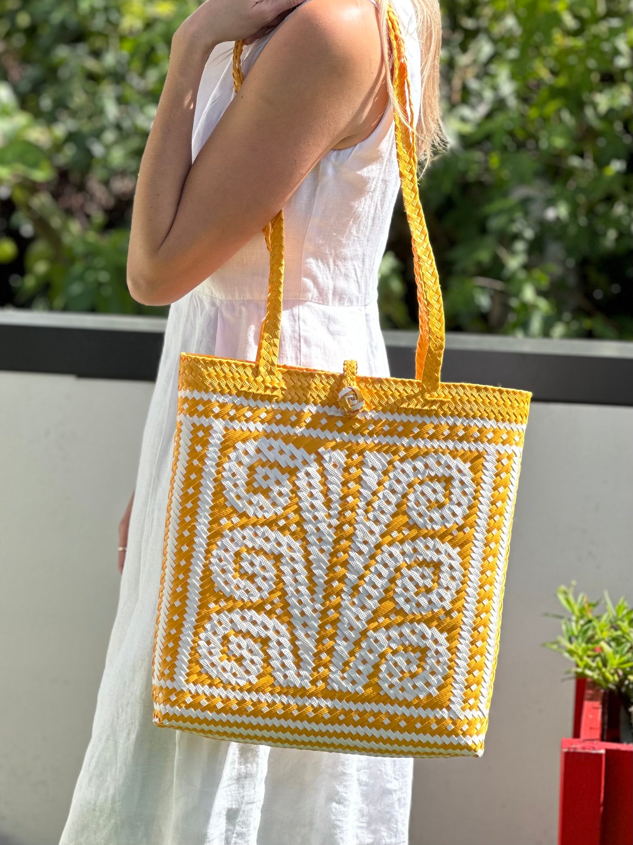 Koru pattern white & mustard yellow slimline shoulder bag